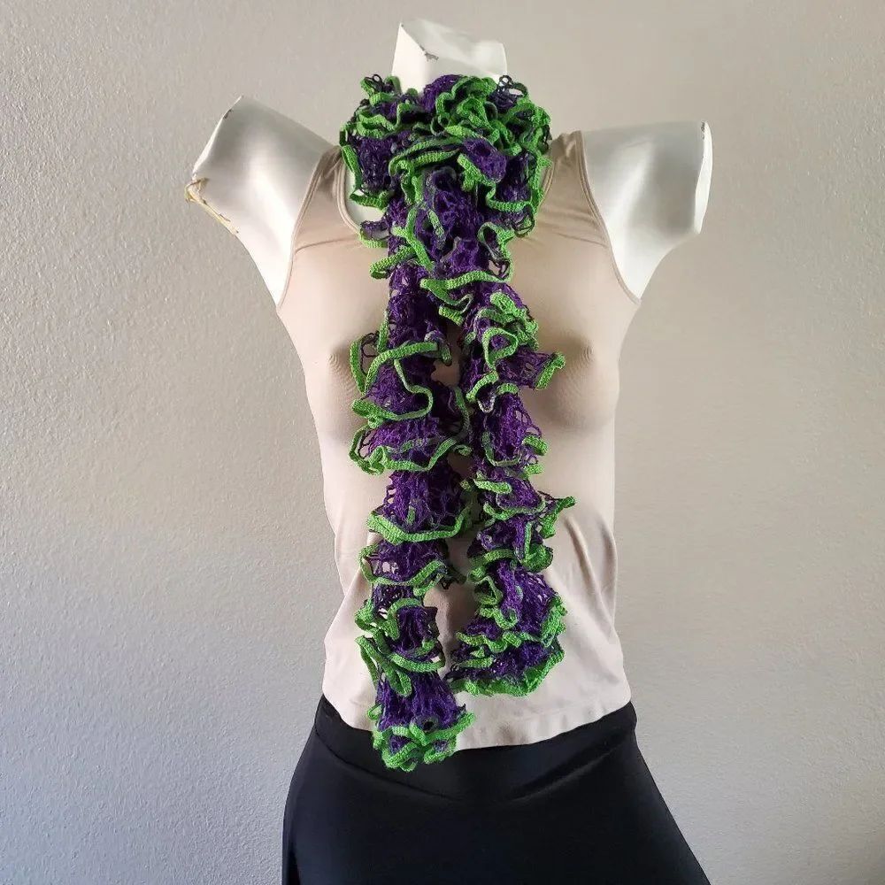 BOGO Scarf Sale - Hand Crafted crochet purple and green ruffle scarf